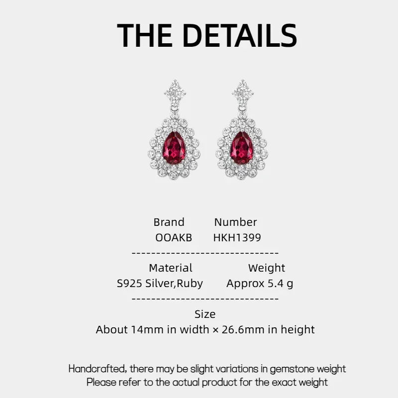 Starlight Series Ruby Teardrop Earrings — specification card with material and size details