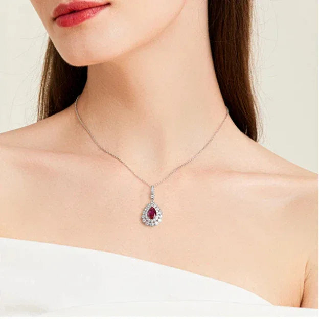 Starlight Series Ruby Teardrop Necklace S925 Silver — full necklace view