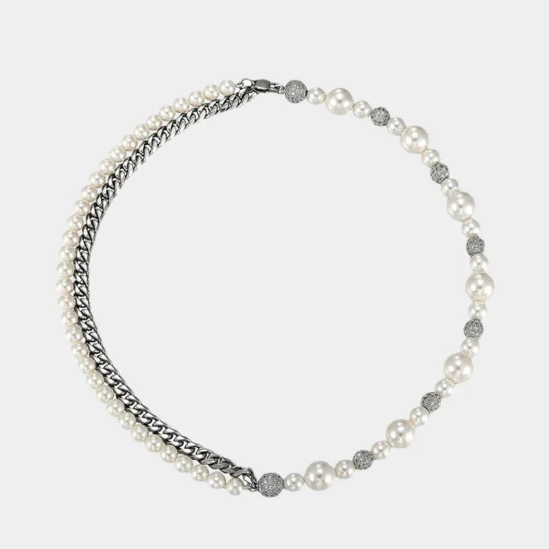 Steel Cuban Chain and Pearl Half-and-Half Necklace — front view of half-Cuban-chain half-pearl necklace