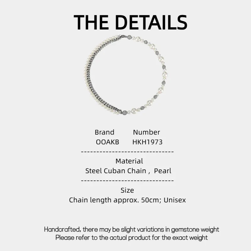 Steel Cuban Chain and Pearl Half-and-Half Necklace — specification card with material and size details