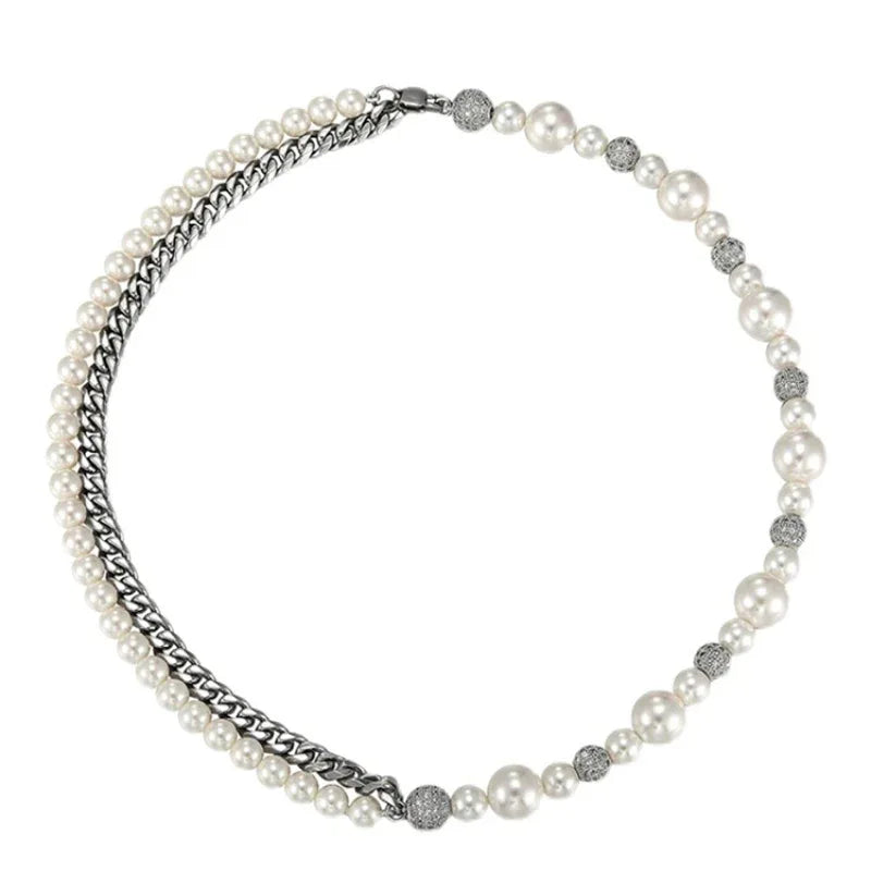 Steel Cuban Chain and Pearl Half-and-Half Necklace — alternate isolated full necklace view