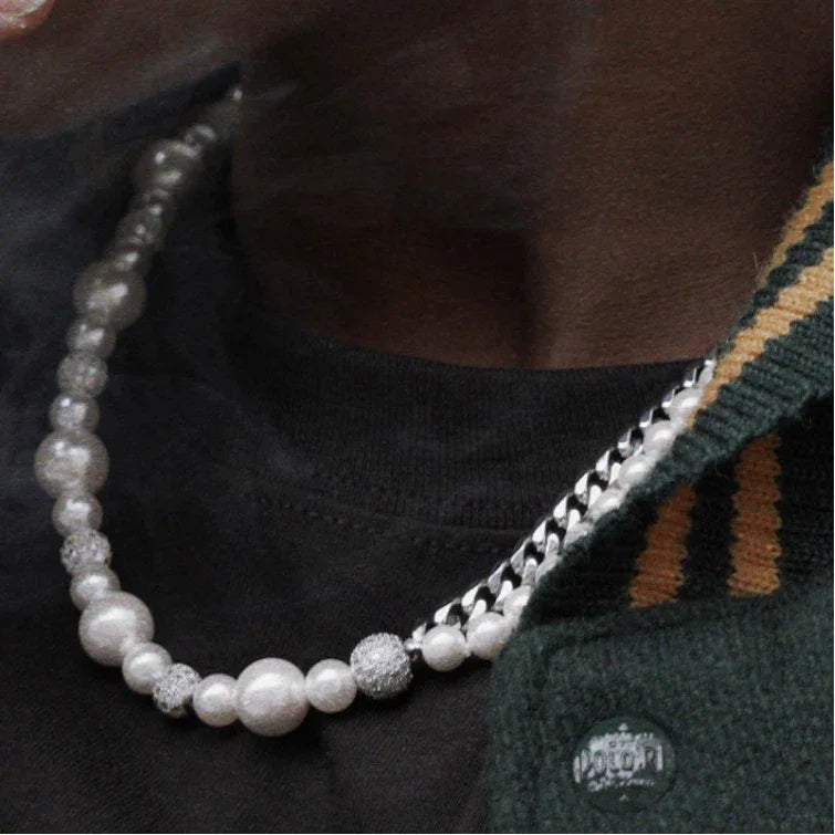 Steel Cuban Chain and Pearl Half-and-Half Necklace — close neckline-worn view over a dark shirt