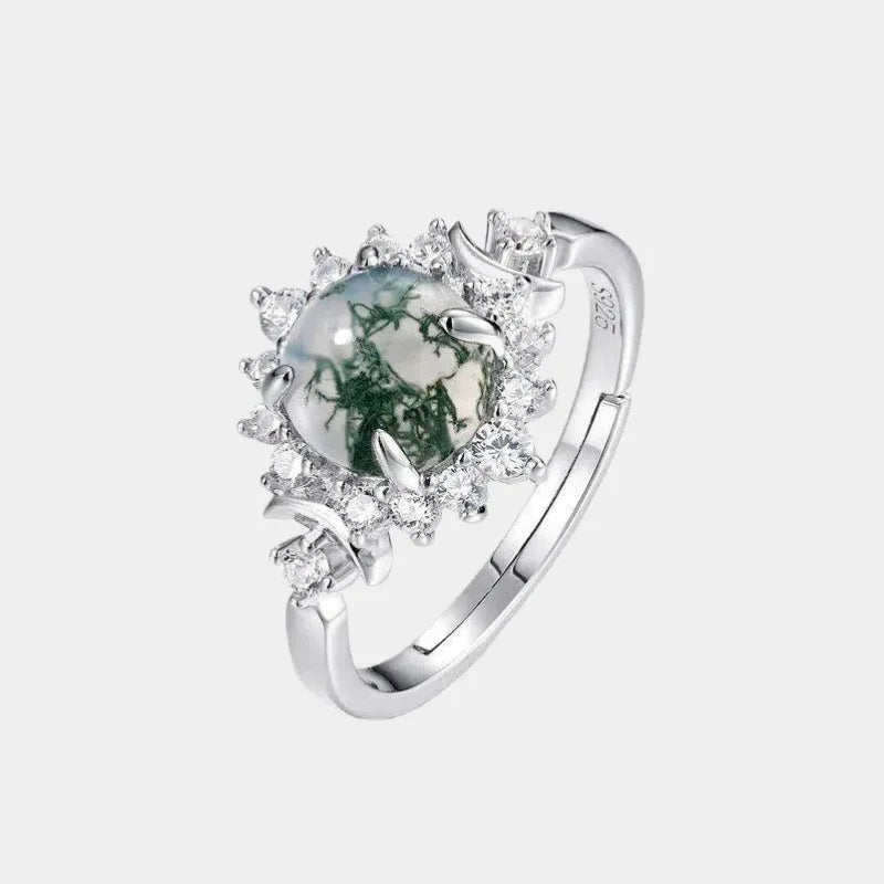 Sunflower Full Inlaid White Zircon Moss Agate Open Ring — front product view on a light background
