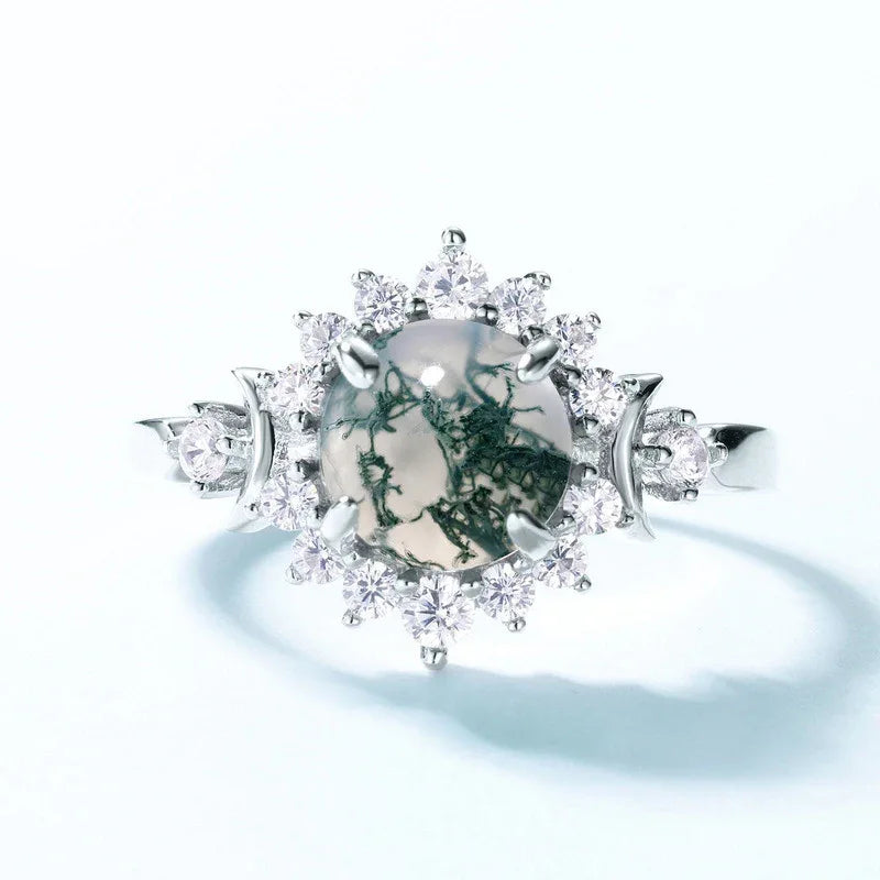 Sunflower Full Inlaid White Zircon Moss Agate Open Ring — front setting detail 3