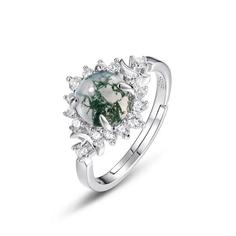 Sunflower Full Inlaid White Zircon Moss Agate Open Ring — side profile and band detail 4