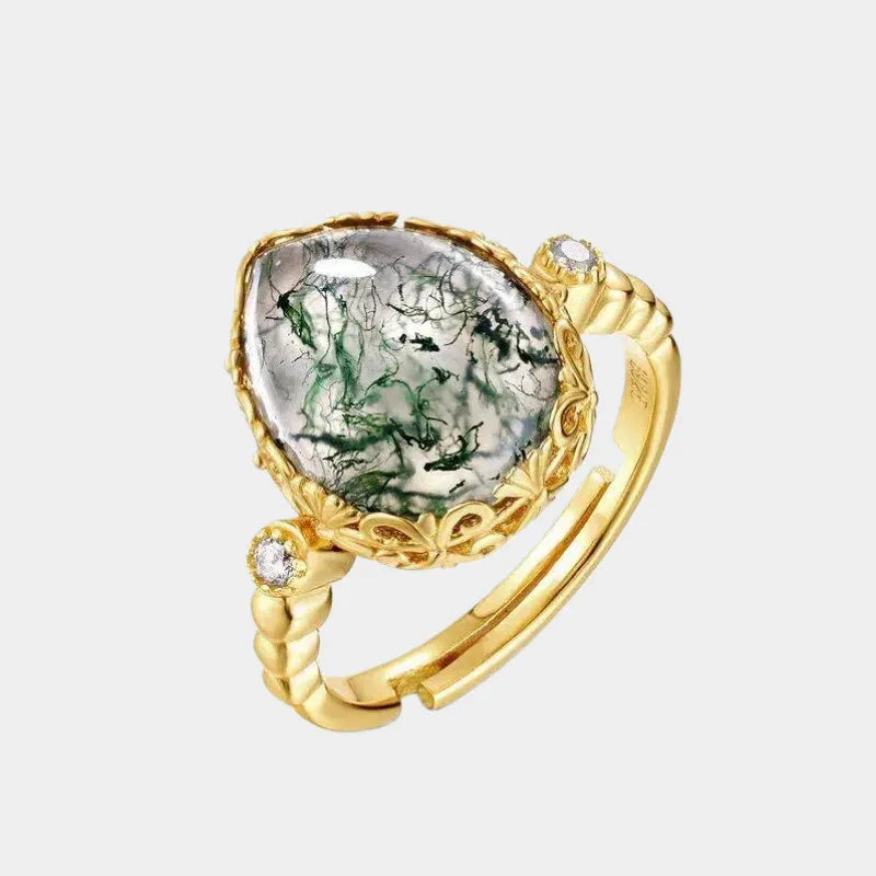 Teardrop Moss Agate Open Ring — front product view on a light background