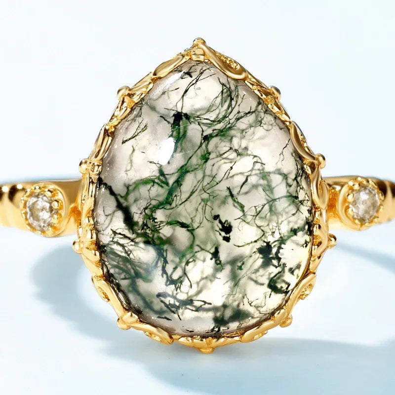 Teardrop Moss Agate Open Ring — front setting detail 3