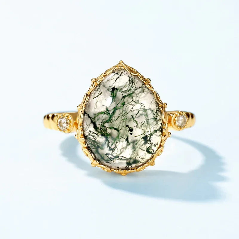 Teardrop Moss Agate Open Ring — hand-worn scale view 2