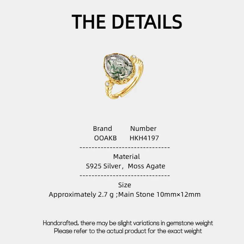 Teardrop Moss Agate Open Ring — Moss Agate specification card with material and measurements