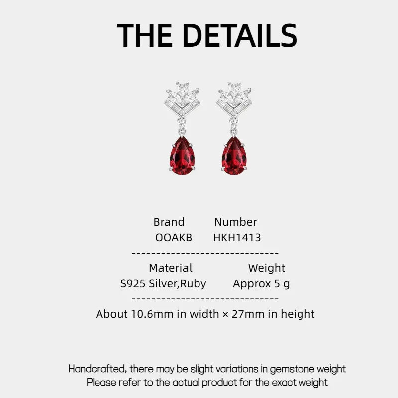Teardrop Ruby Drop Earrings — specification card with material and size details
