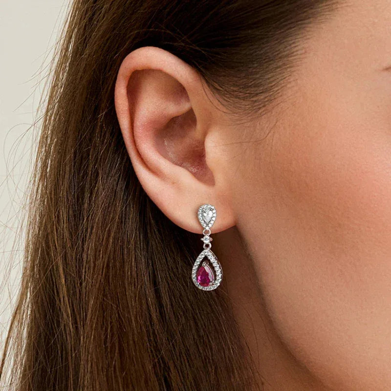 Teardrop Ruby Halo Earrings — earrings worn on ear