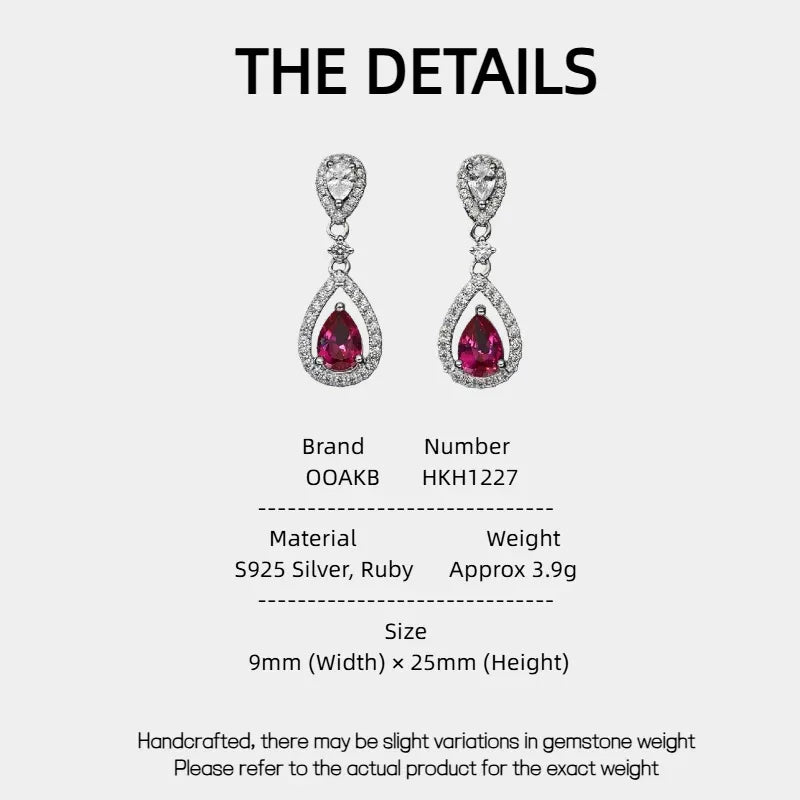Teardrop Ruby Halo Earrings — specification card with material and size details