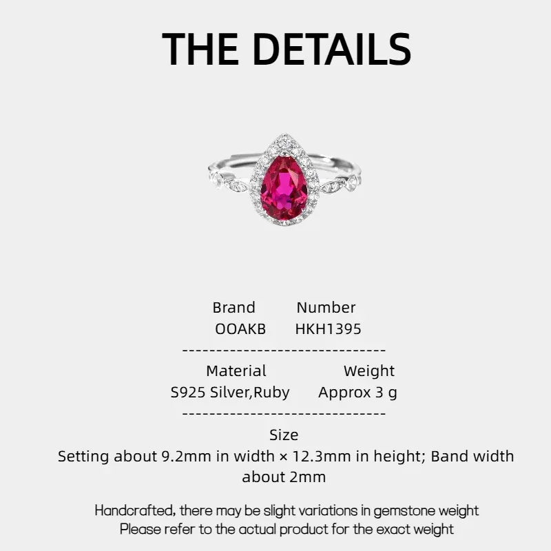 Teardrop Ruby Open Ring — specification card with material and size details