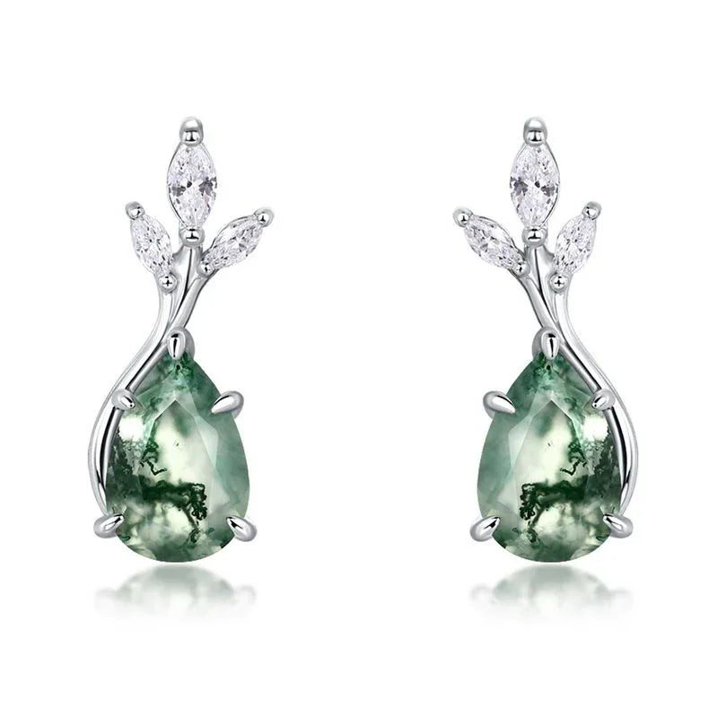 Teardrop-shaped Moss Agate Earrings Unisex — angled product view 5