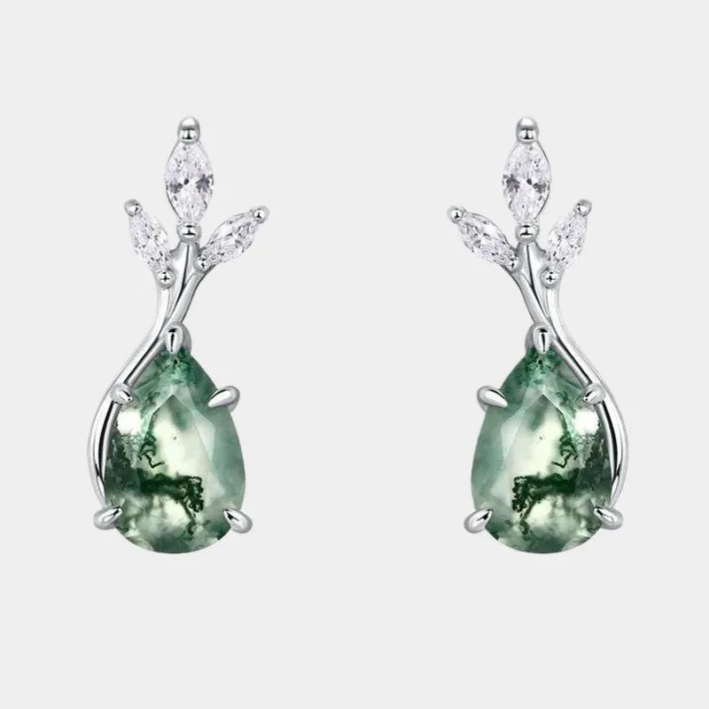 Teardrop-shaped Moss Agate Earrings Unisex — front product view on a light background