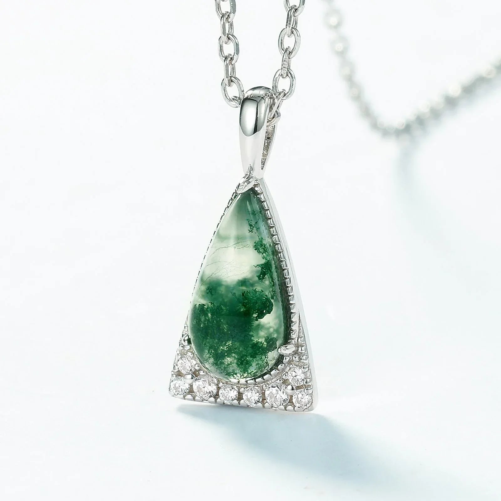 Teardrop-Shaped Moss Agate Pendant Necklace — angled pendant and chain detail 4