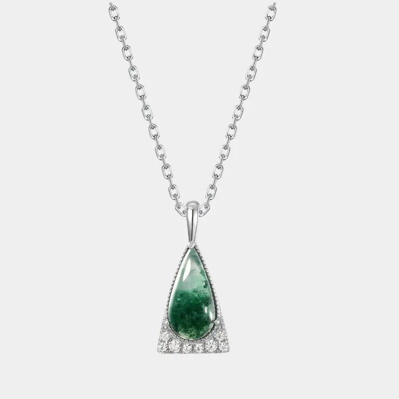 Teardrop-Shaped Moss Agate Pendant Necklace — full necklace view on a light background