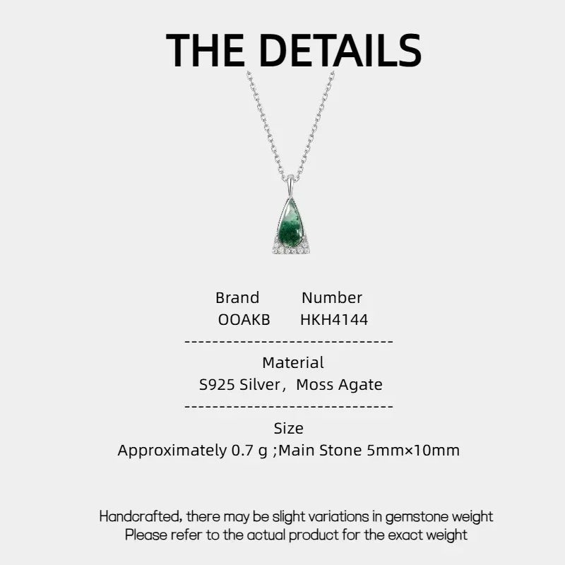 Teardrop-Shaped Moss Agate Pendant Necklace — Moss Agate specification card with material and measurements