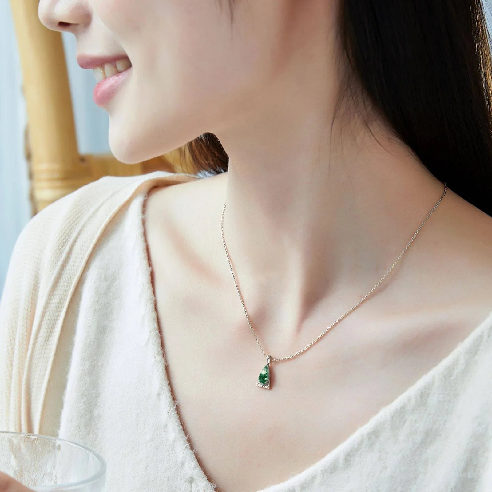 Teardrop-Shaped Moss Agate Pendant Necklace — neckline scale view 2
