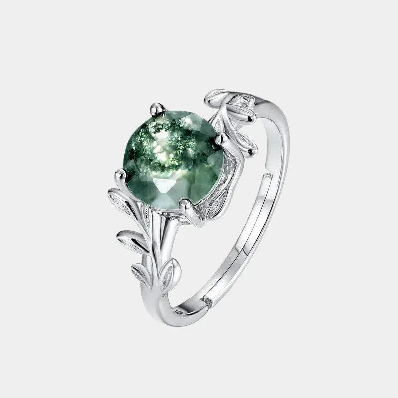 Temperament Style Moss Agate Open Ring — front product view on a light background