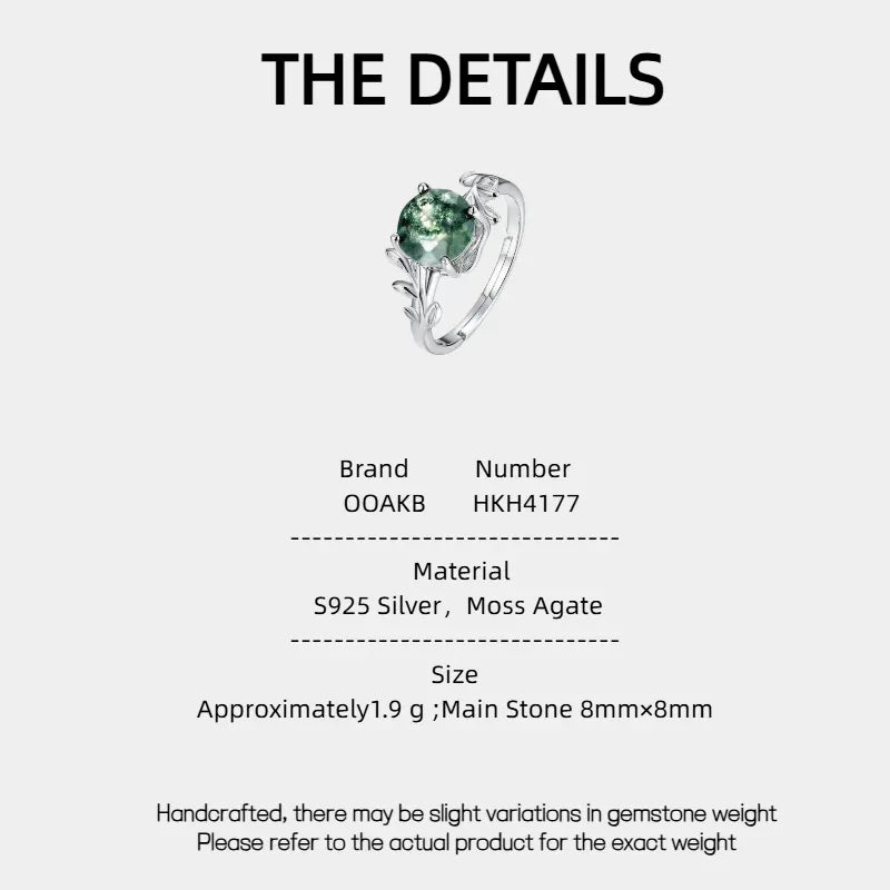 Temperament Style Moss Agate Open Ring — Moss Agate specification card with material and measurements