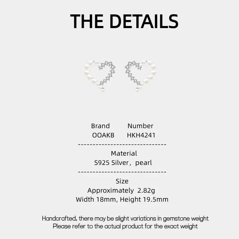 Pearl and Textured Open Heart Stud Earrings — specification card with material and size details