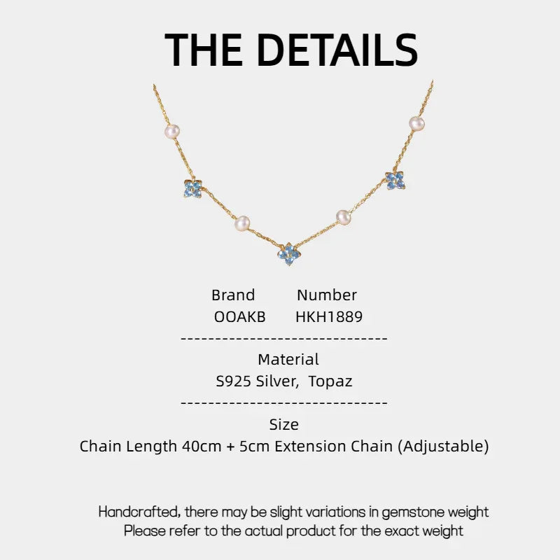 Blue Topaz and Pearl Floral Station Necklace — specification card with material and size details