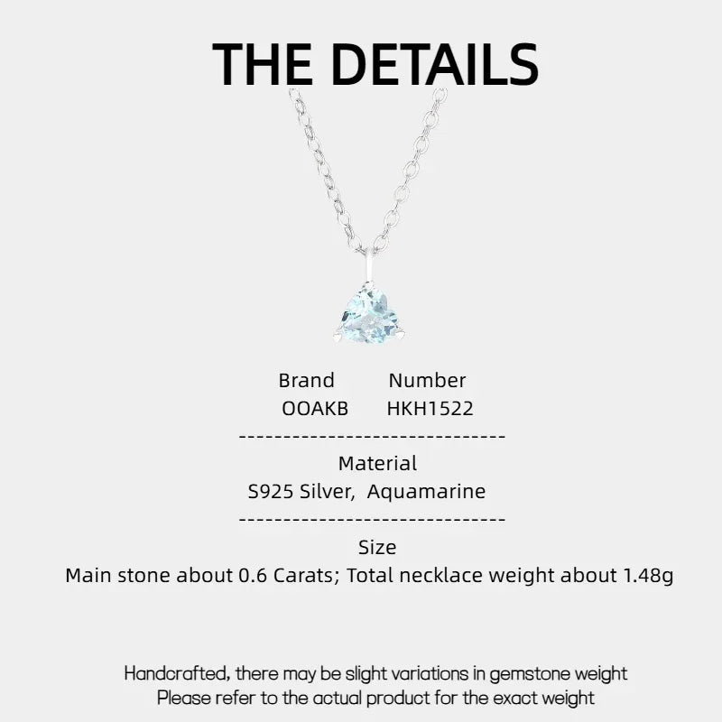 Triangle-Cut Aquamarine Pendant Necklace specification card with product measurements