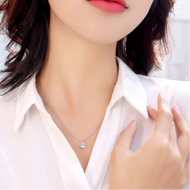 Triangle-Cut Aquamarine Pendant Necklace worn at the neckline from a second angle