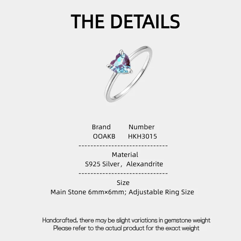 Trillion-cut Alexandrite solitaire ring, product specification card with text