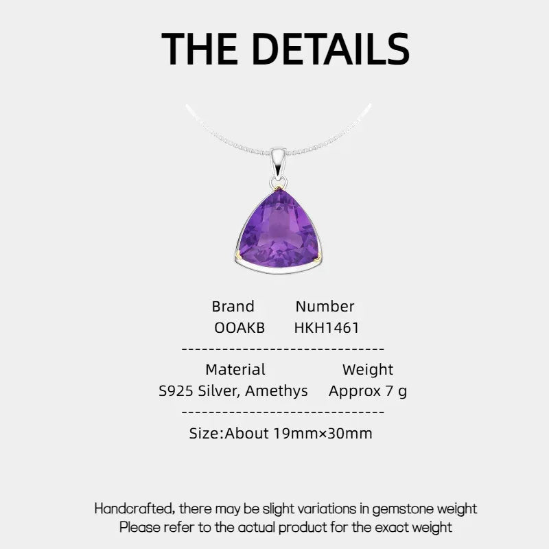 trillion-cut amethyst pendant necklace specification card with product measurements