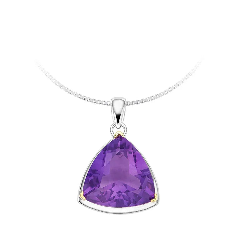 trillion-cut amethyst pendant necklace styled model view showing pendant scale