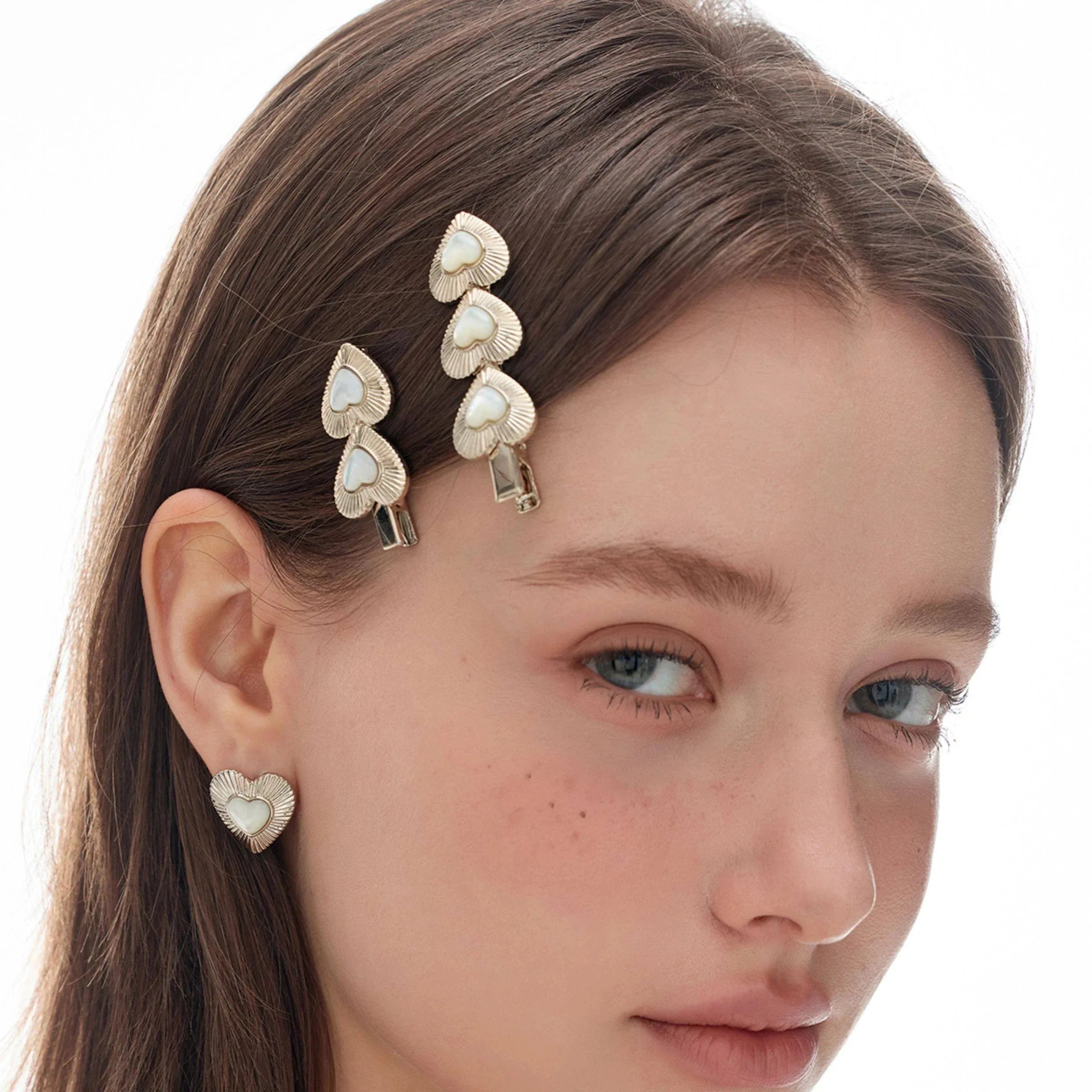 Triple Pearl Heart Hair Clip — alternate hair-worn side view
