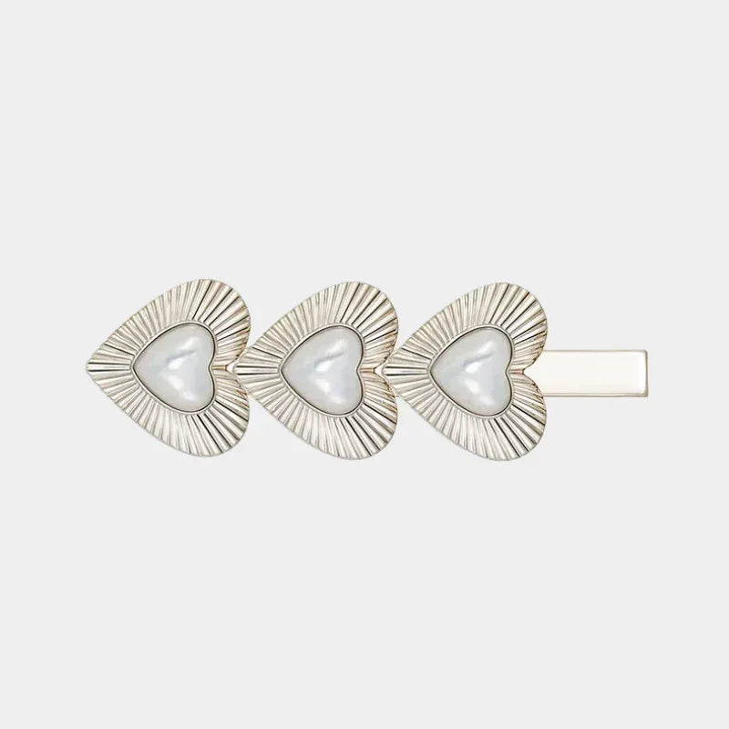 Triple Pearl Heart Hair Clip — front view of barrette with three ridged pearl hearts