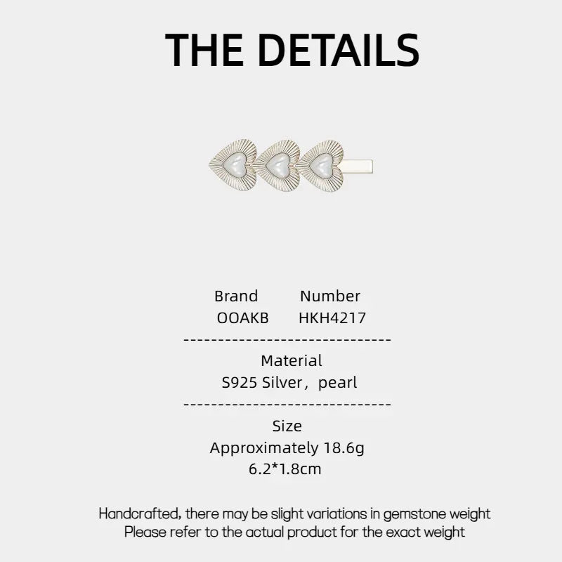 Triple Pearl Heart Hair Clip — specification card with material and size details