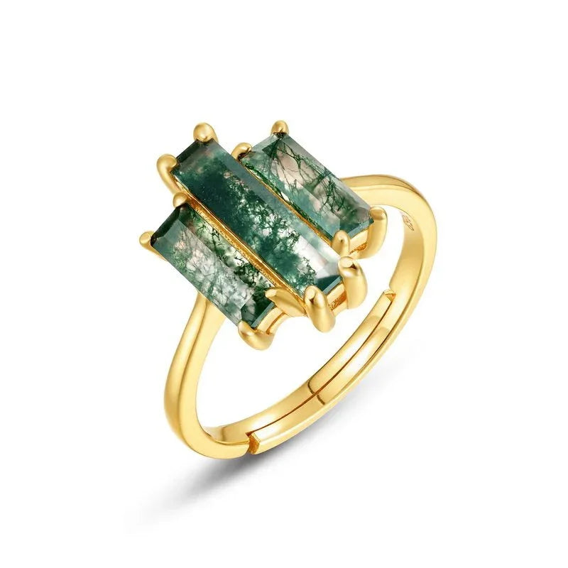Triple-Rectangular Moss Agate Ring — angled product view 5
