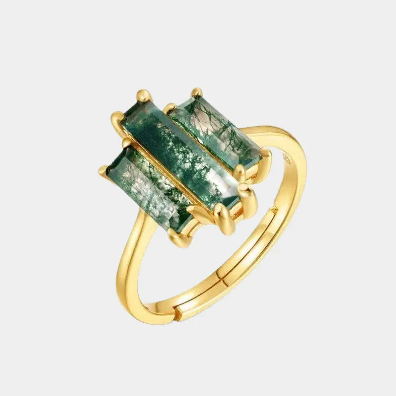 Triple-Rectangular Moss Agate Ring — front product view on a light background