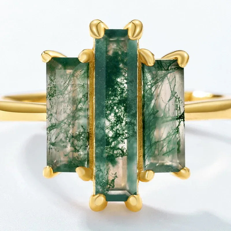 Triple-Rectangular Moss Agate Ring — front setting detail 3