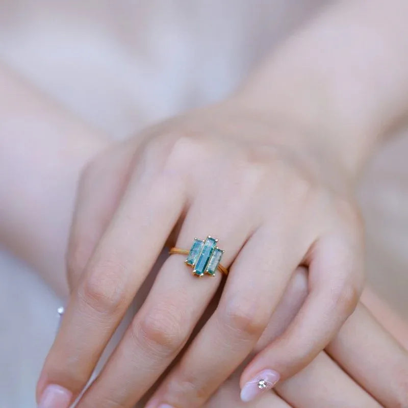 Triple-Rectangular Moss Agate Ring — hand-worn scale view 2