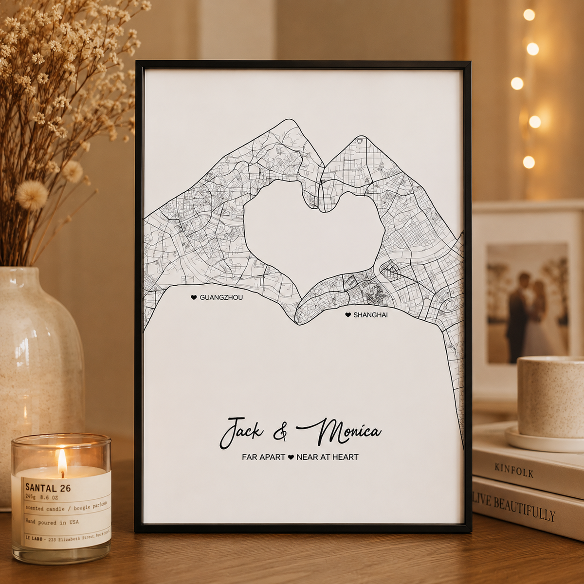 Personalized Two Cities One Love Map Print – Custom Couple Anniversary Gift, displayed in a warm home interior