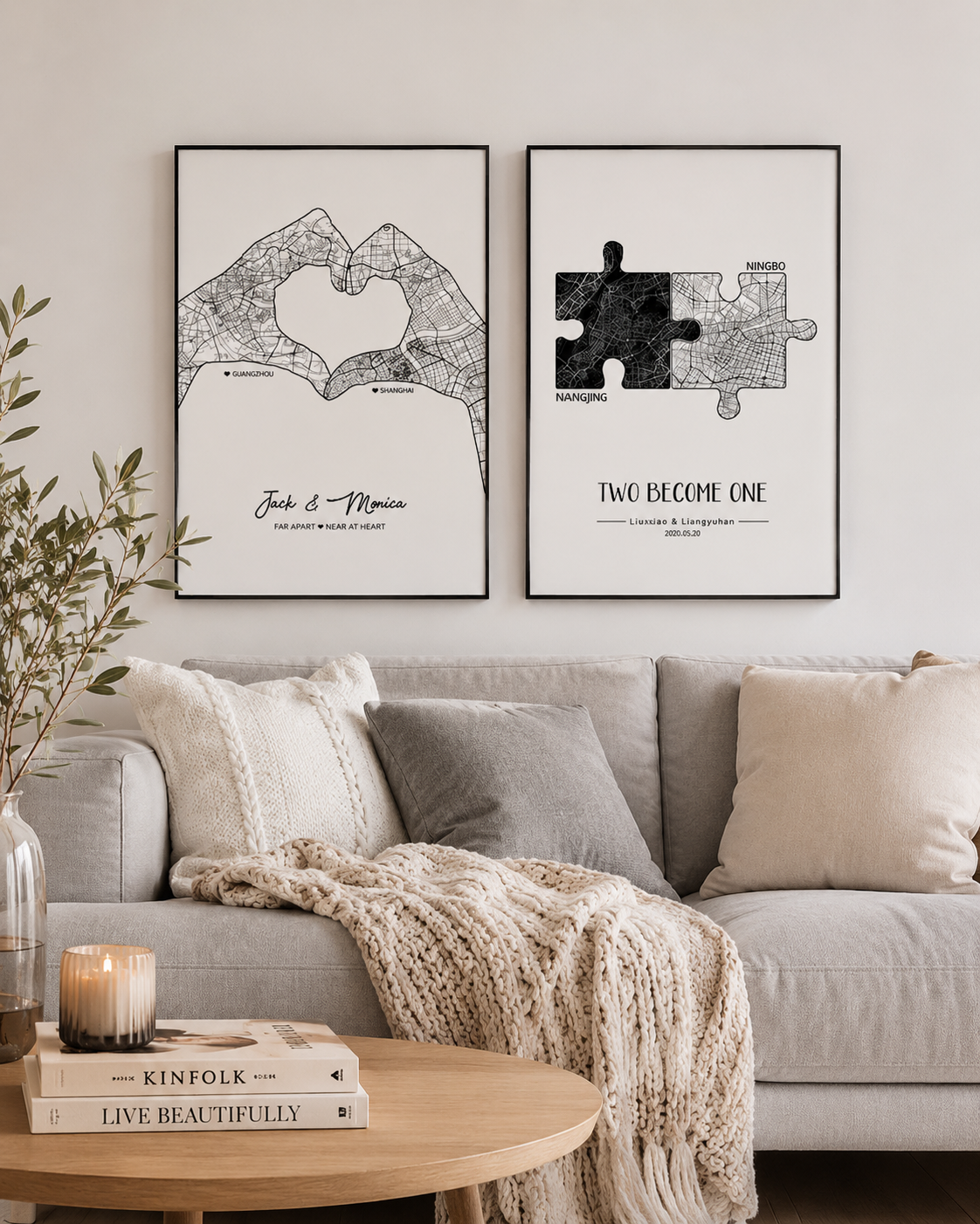 Personalized Two Cities One Love Map Print – Custom Couple Anniversary Gift, shown as wall decor in a styled room