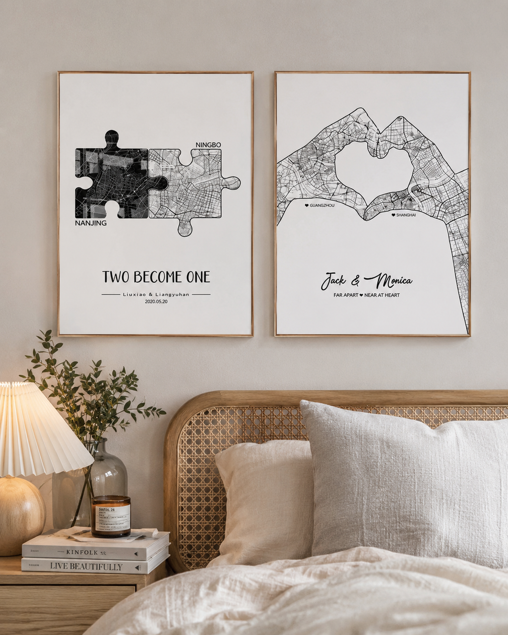 Personalized Two Cities One Love Map Print – Custom Couple Anniversary Gift, displayed in a warm home interior