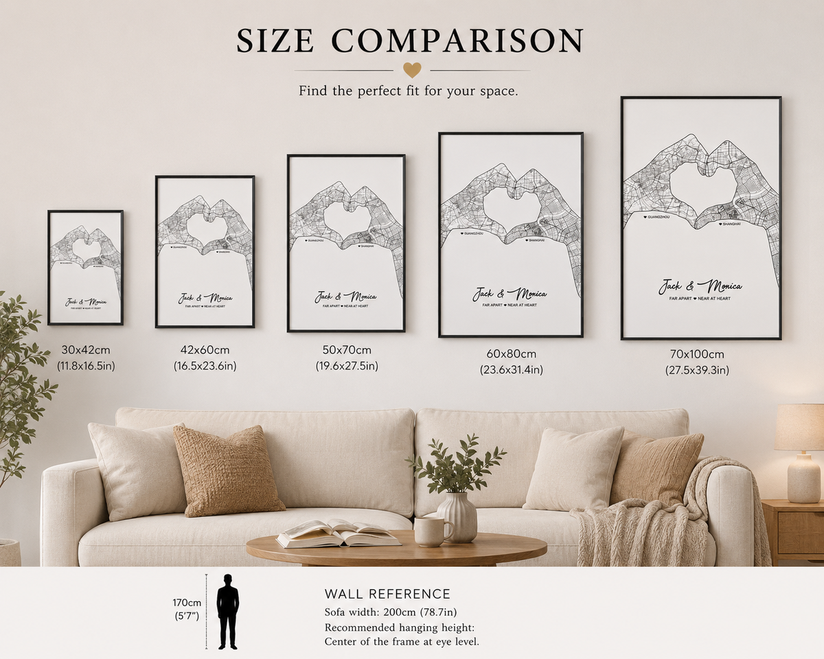 Personalized Two Cities One Love Map Print – Custom Couple Anniversary Gift, size or variant comparison infographic