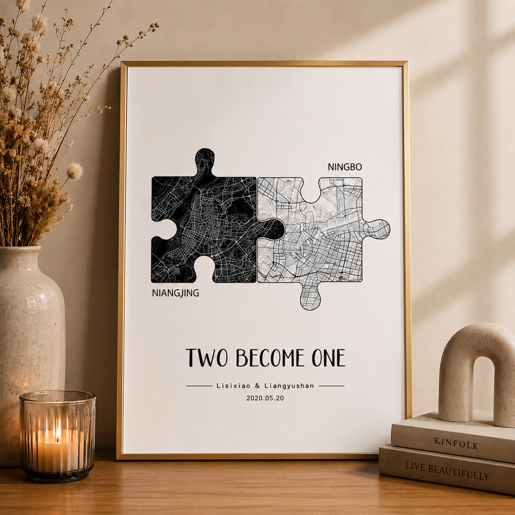 Two Cities, One Love – Puzzle Map Anniversary Print, styled product scene with anniversary-themed props