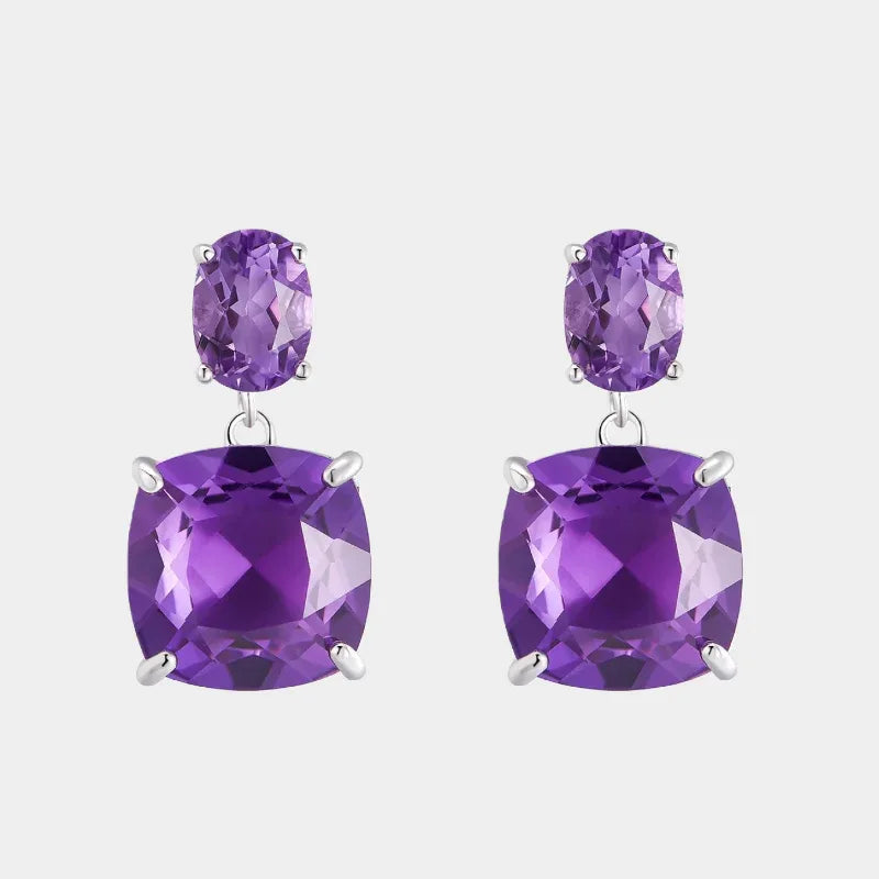 two-stone amethyst drop earrings front product view on a white background