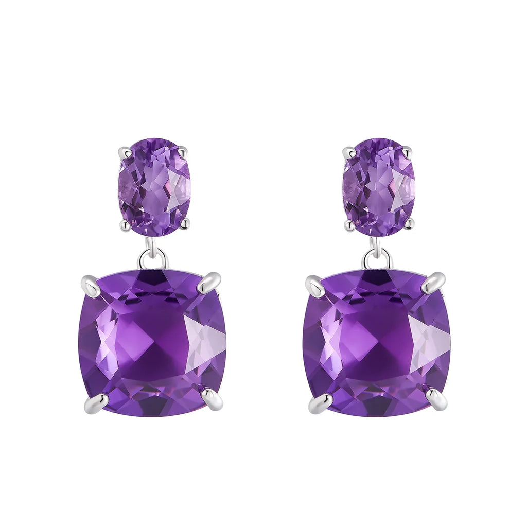 two-stone amethyst drop earrings paired product view on a white background
