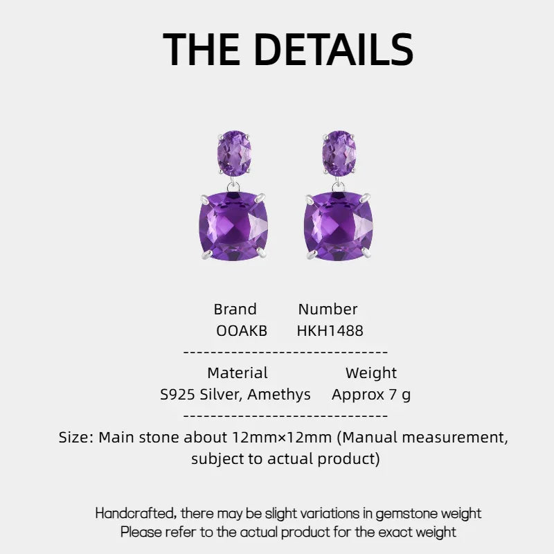 two-stone amethyst drop earrings specification card with product measurements
