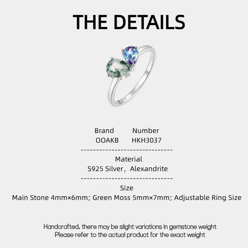 Two-stone Alexandrite open ring in pale green and blue-purple tones, product specification card with text