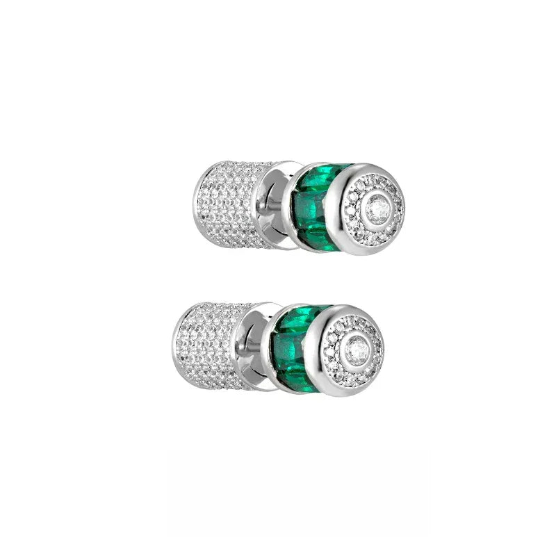 Two-Tone Emerald Cylindrical Stud Earrings side view showing posts and settings