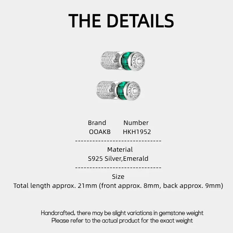 Two-Tone Emerald Cylindrical Stud Earrings specification card with product measurements